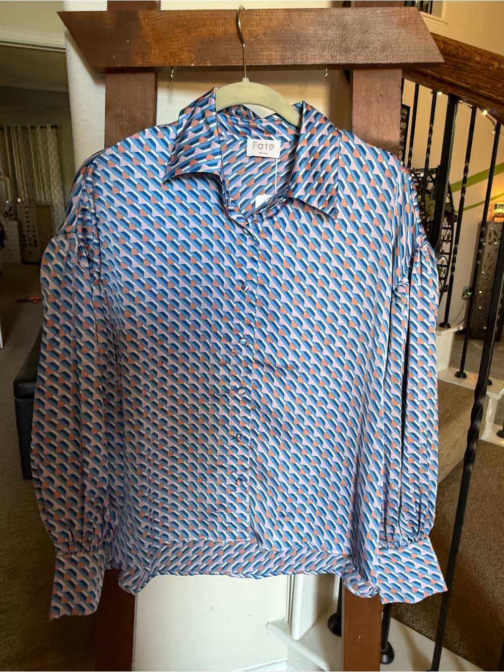 Fate Retro Geometric Button-Up Shirt in Blue and Pink